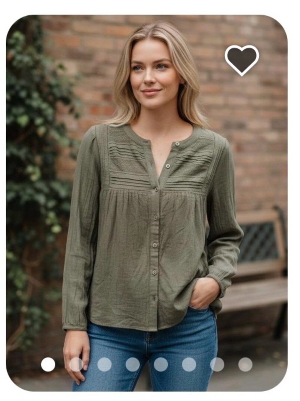 Lucky Brand Olive Button-Front Pintuck Blouse